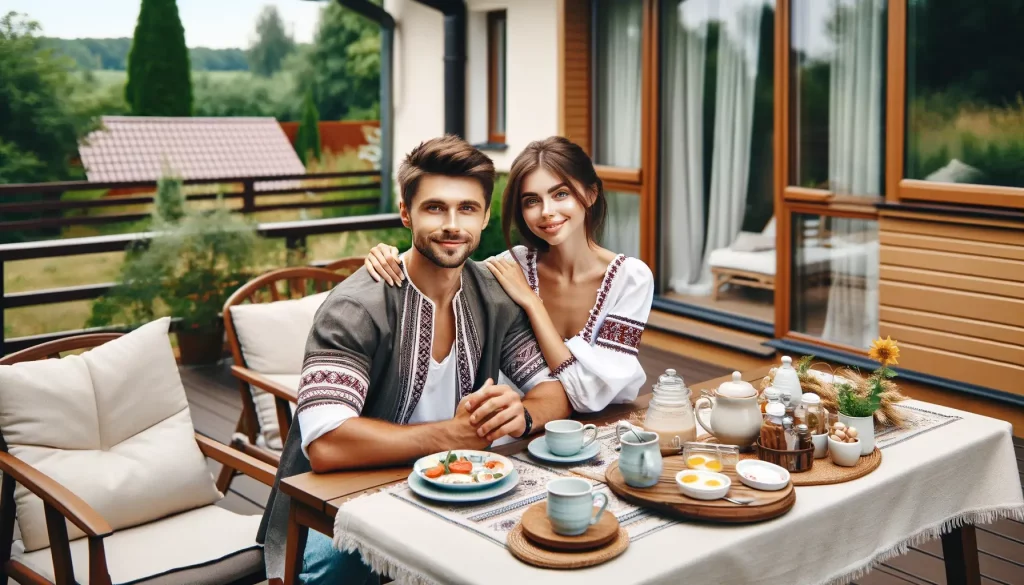 Пара сидит вместе на веранде своего комфортабельного и современного дома