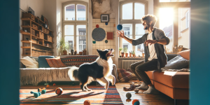 Арендатор играет с собакой в съемной квартире