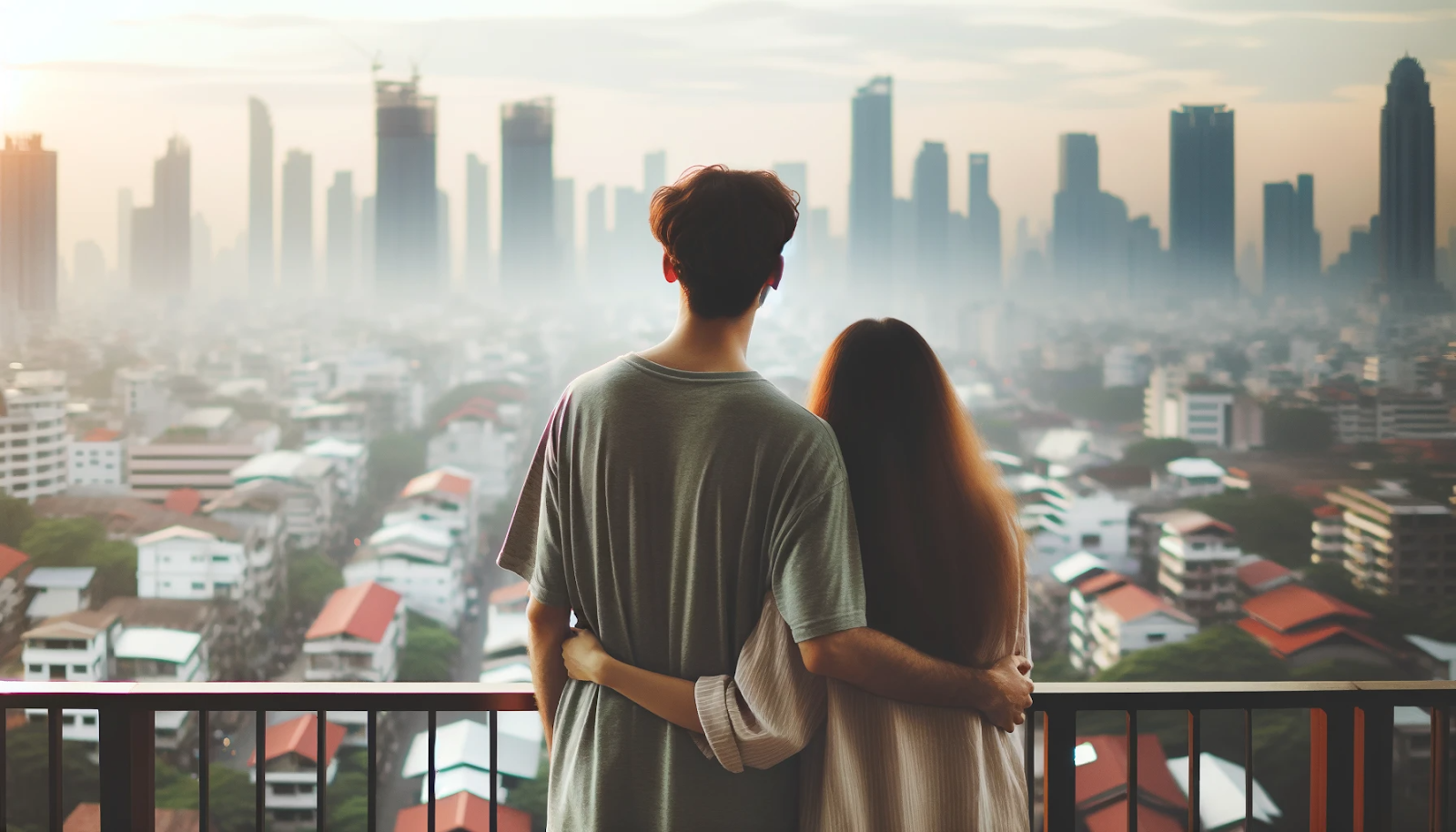 Пара смотрит на город с балкона
