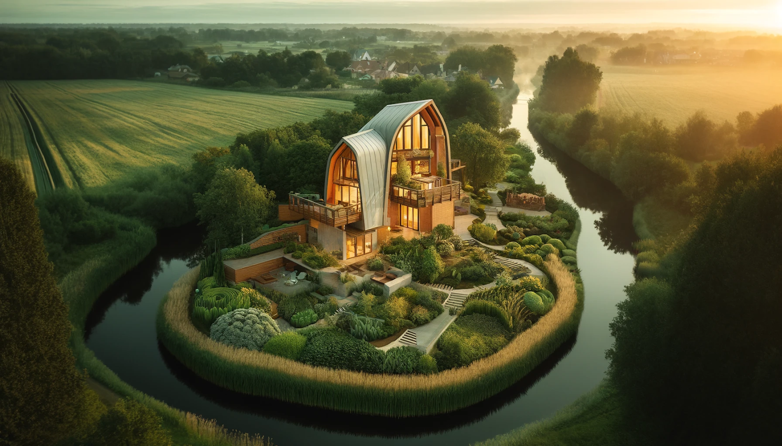 Futuristic house on a plot washed by a river