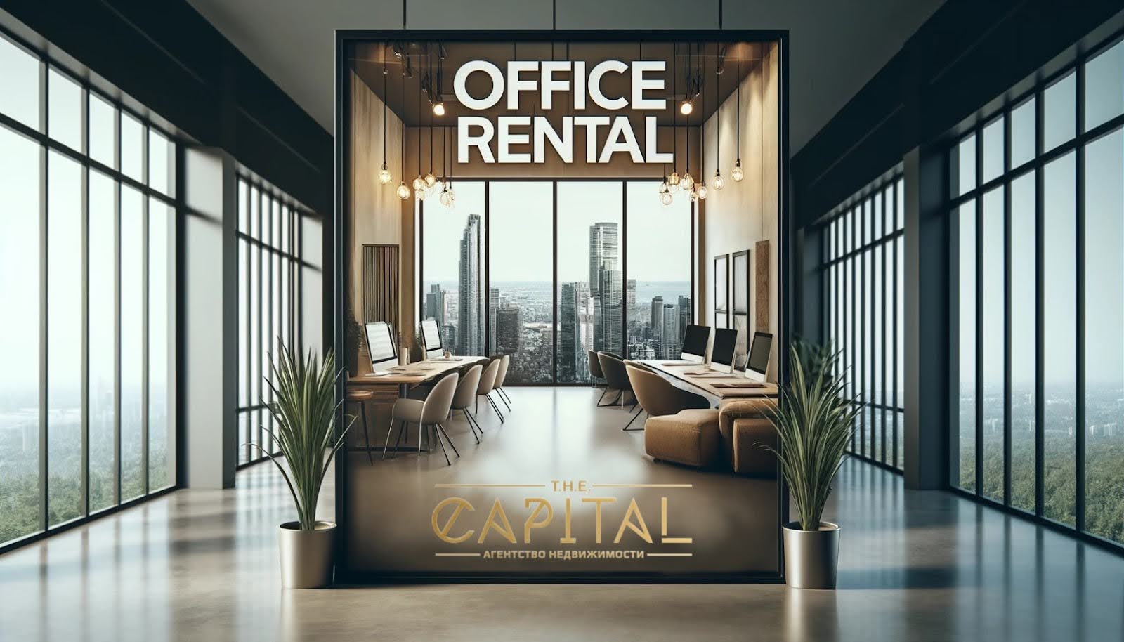 Office for rent with an advertising banner in the center